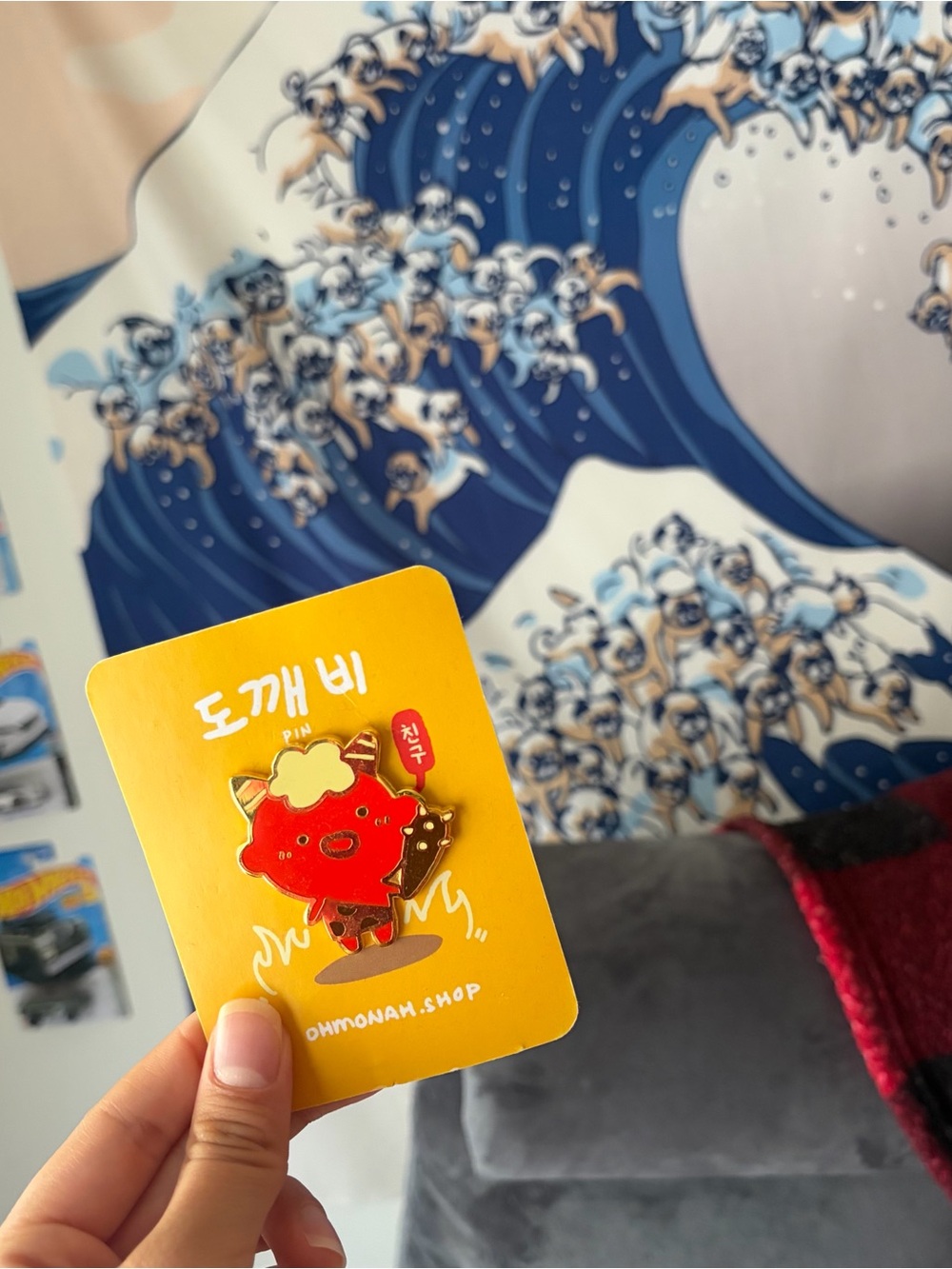 Red Oni Character Enamel Pin on Yellow Backer